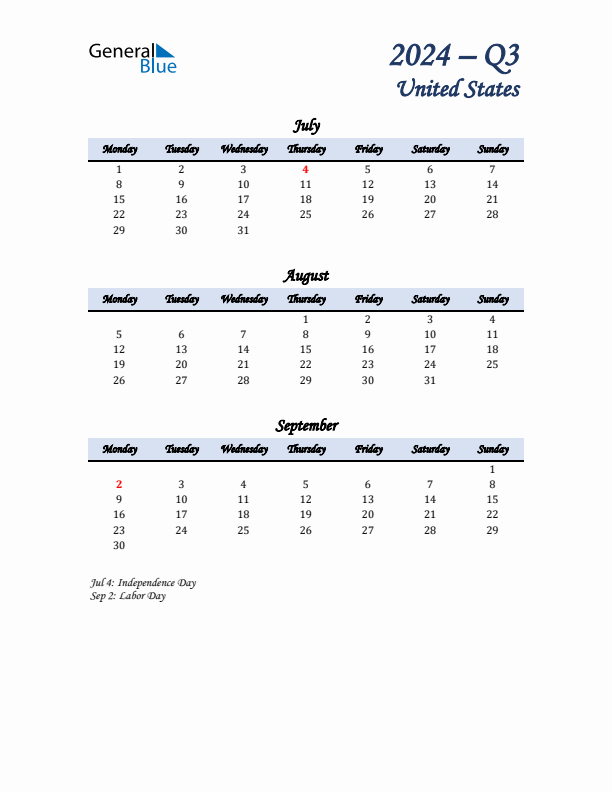 July, August, and September Calendar for United States with Monday Start