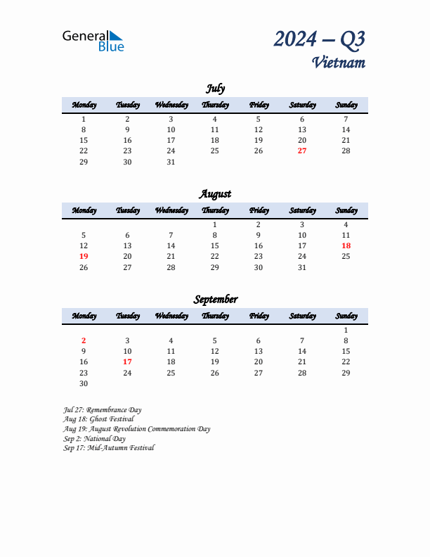 July, August, and September Calendar for Vietnam with Monday Start