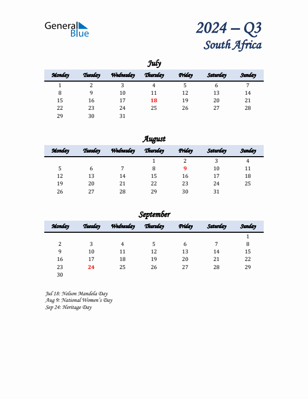 July, August, and September Calendar for South Africa with Monday Start