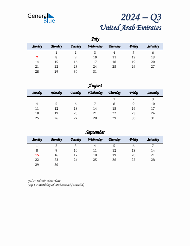 July, August, and September Calendar for United Arab Emirates with Sunday Start