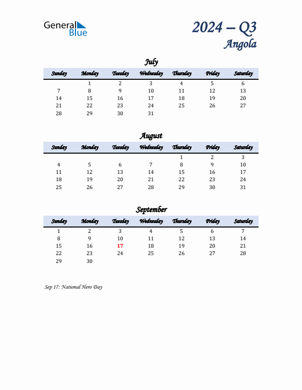 July, August, and September Calendar for Angola with Sunday Start