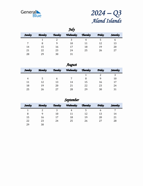 July, August, and September Calendar for Aland Islands with Sunday Start