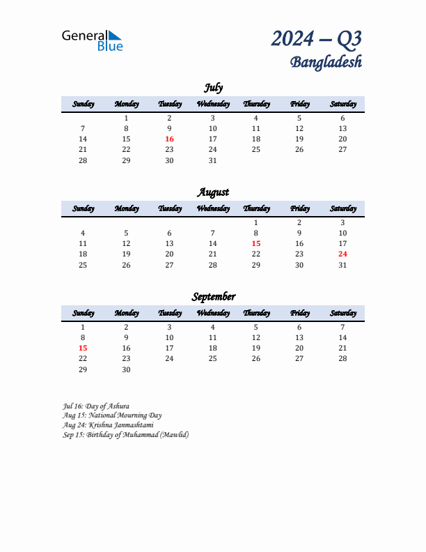 July, August, and September Calendar for Bangladesh with Sunday Start