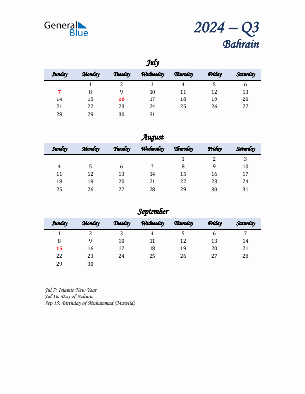 July, August, and September Calendar for Bahrain with Sunday Start