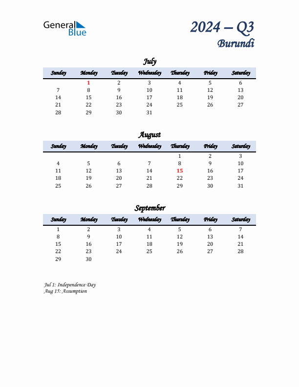 July, August, and September Calendar for Burundi with Sunday Start