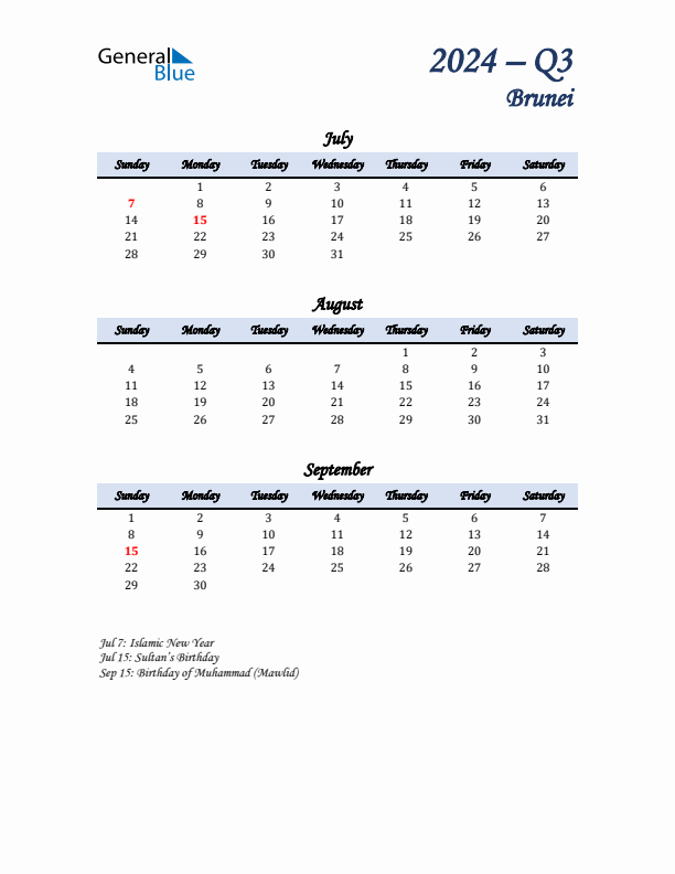 July, August, and September Calendar for Brunei with Sunday Start