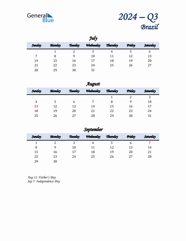 July, August, and September Calendar for Brazil with Sunday Start