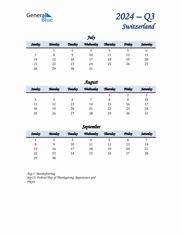 July, August, and September Calendar for Switzerland with Sunday Start