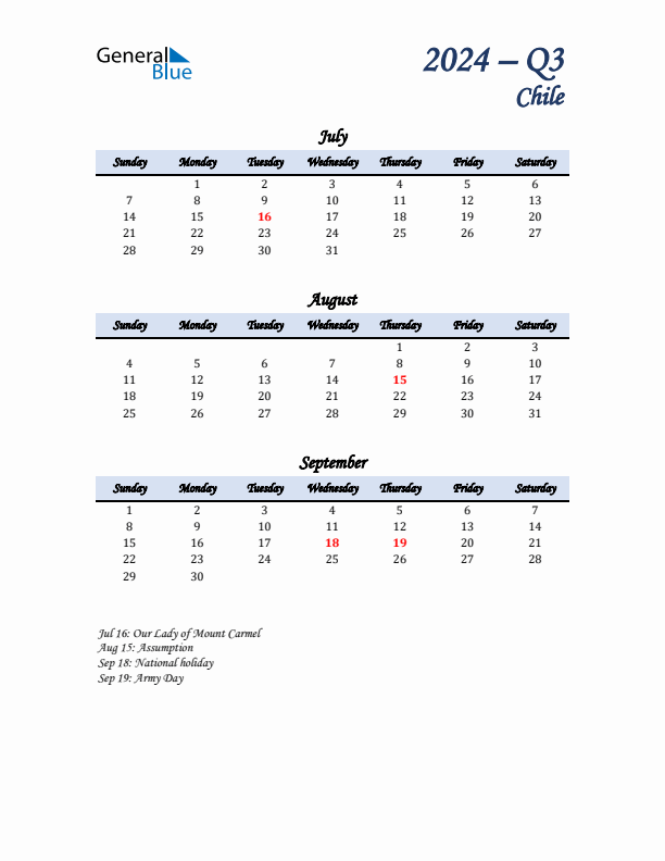 July, August, and September Calendar for Chile with Sunday Start