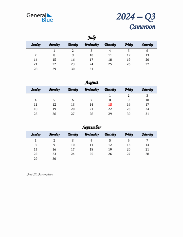 July, August, and September Calendar for Cameroon with Sunday Start