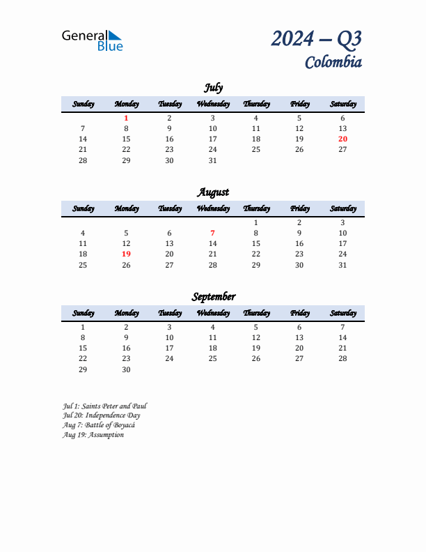 July, August, and September Calendar for Colombia with Sunday Start