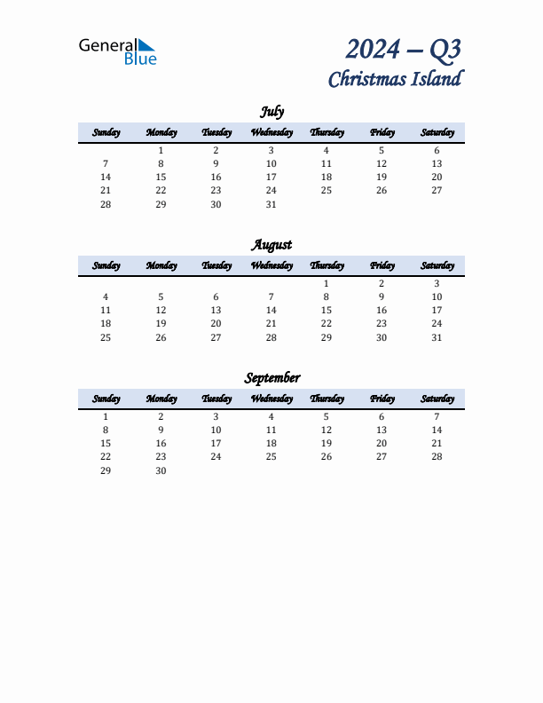 July, August, and September Calendar for Christmas Island with Sunday Start