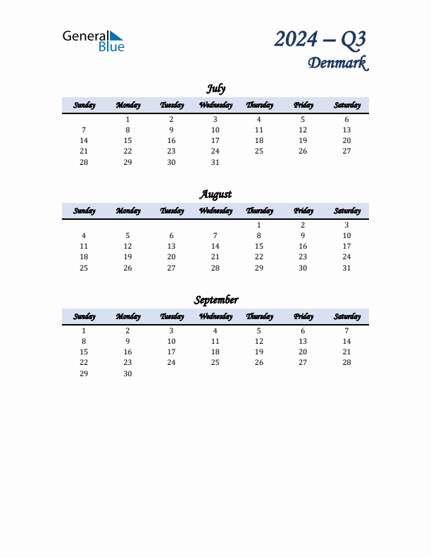 July, August, and September Calendar for Denmark with Sunday Start