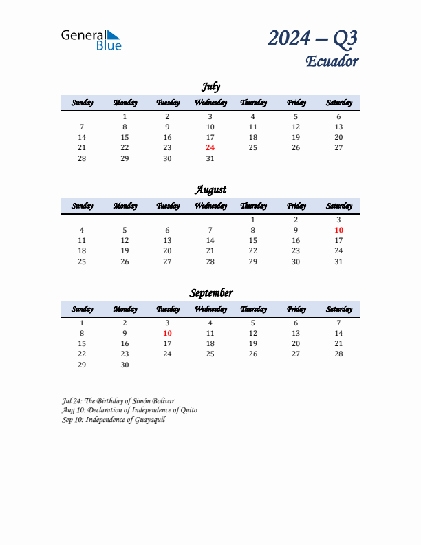 July, August, and September Calendar for Ecuador with Sunday Start