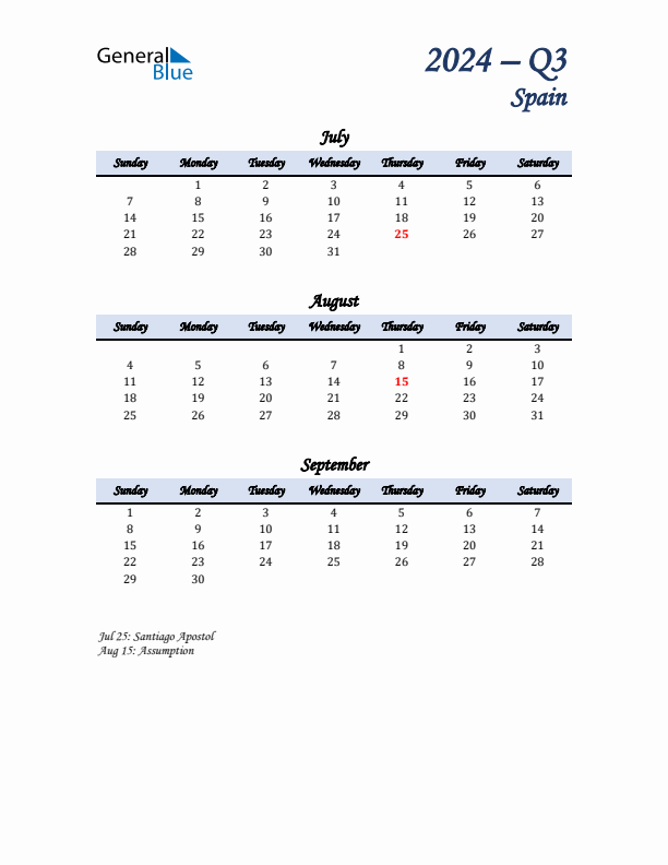 July, August, and September Calendar for Spain with Sunday Start