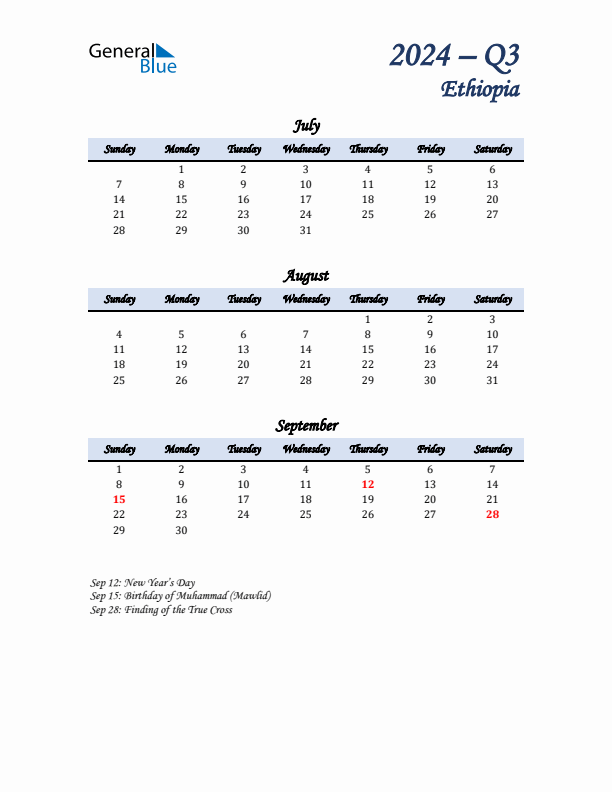 July, August, and September Calendar for Ethiopia with Sunday Start