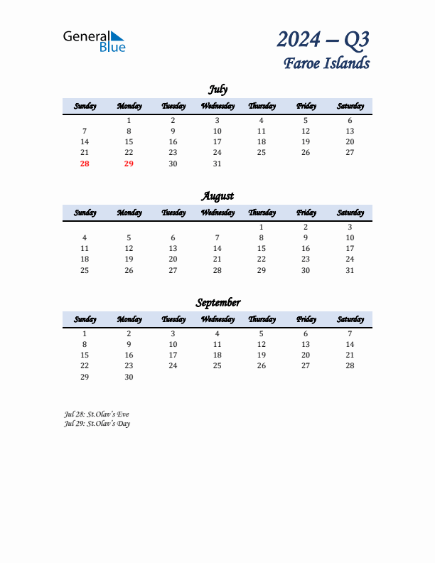 July, August, and September Calendar for Faroe Islands with Sunday Start