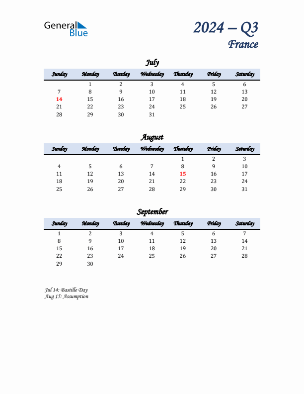 July, August, and September Calendar for France with Sunday Start