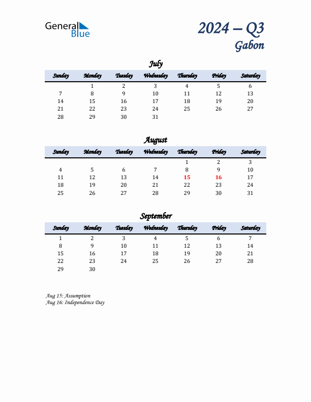 July, August, and September Calendar for Gabon with Sunday Start