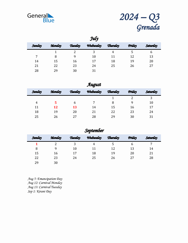 July, August, and September Calendar for Grenada with Sunday Start