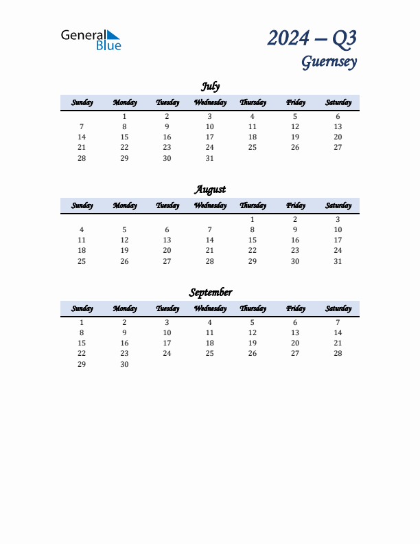 July, August, and September Calendar for Guernsey with Sunday Start