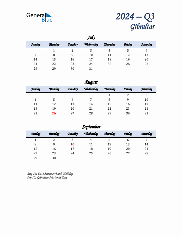 July, August, and September Calendar for Gibraltar with Sunday Start