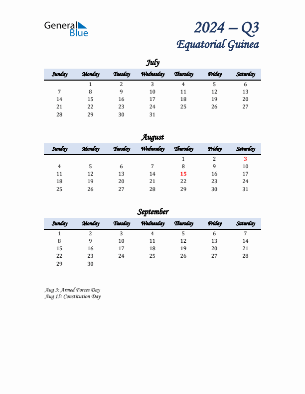 July, August, and September Calendar for Equatorial Guinea with Sunday Start