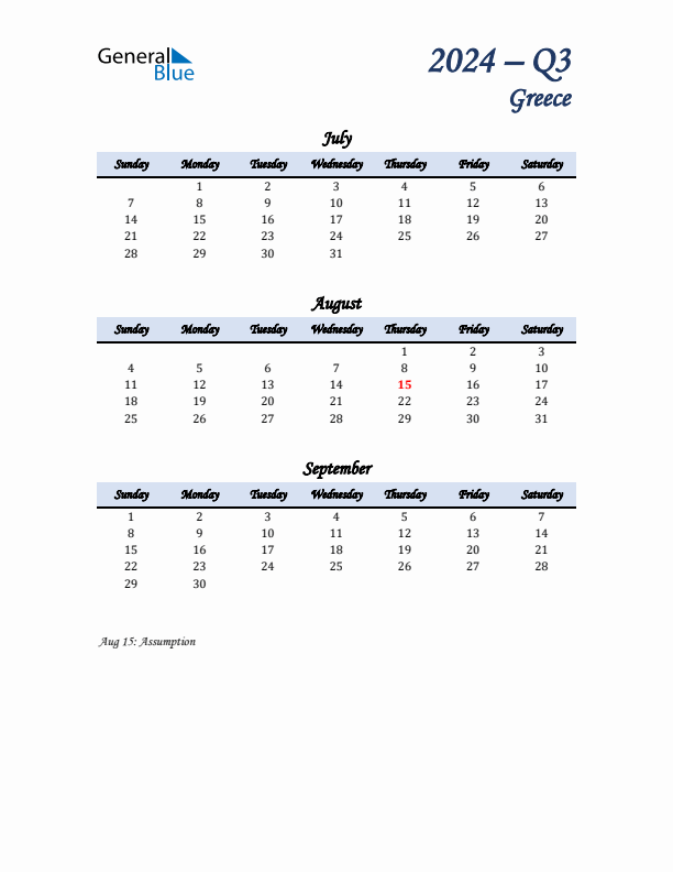 July, August, and September Calendar for Greece with Sunday Start