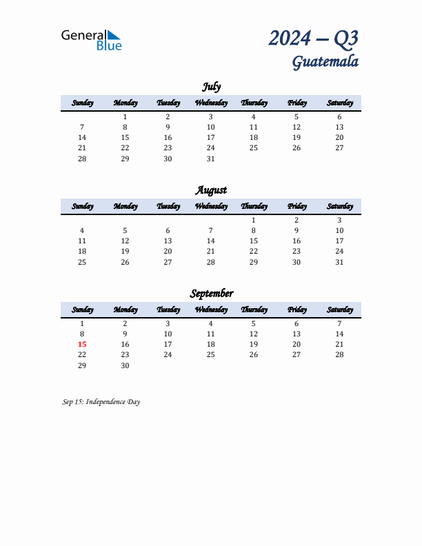 July, August, and September Calendar for Guatemala with Sunday Start