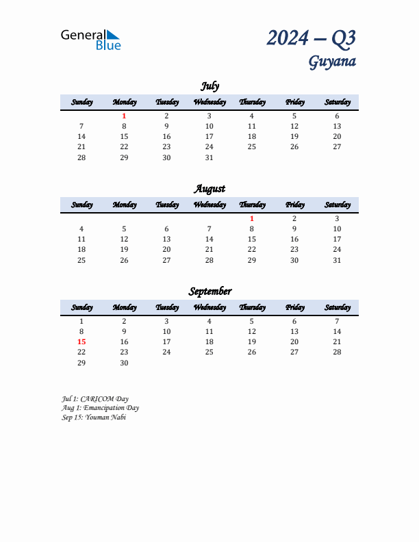 July, August, and September Calendar for Guyana with Sunday Start