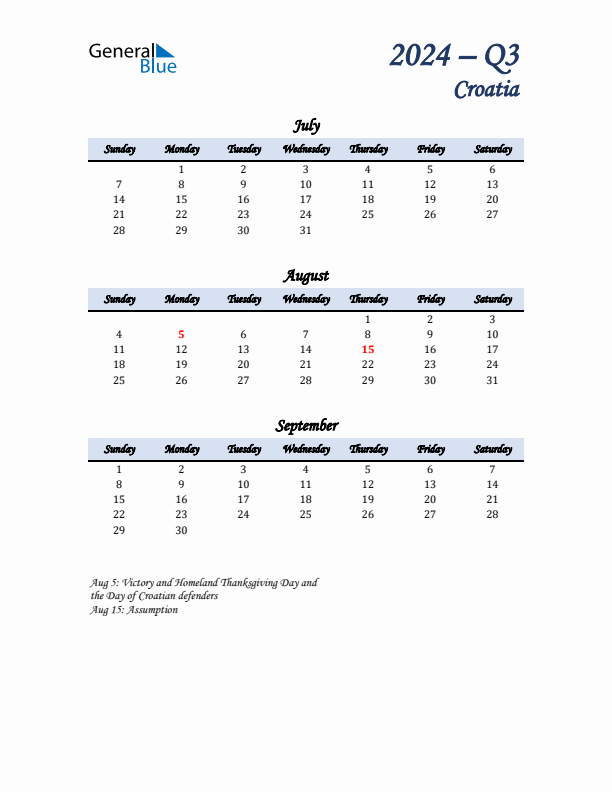 July, August, and September Calendar for Croatia with Sunday Start