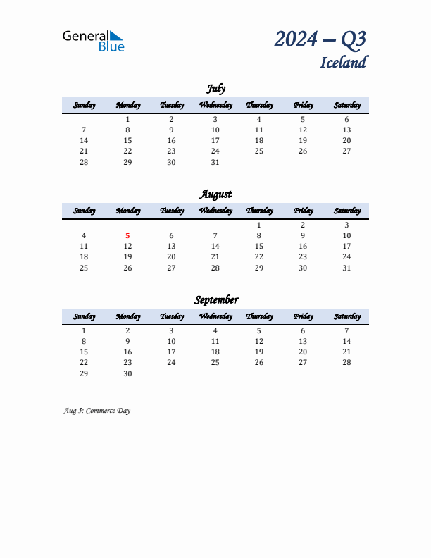 July, August, and September Calendar for Iceland with Sunday Start