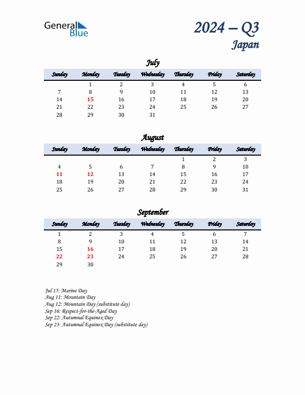 July, August, and September Calendar for Japan with Sunday Start