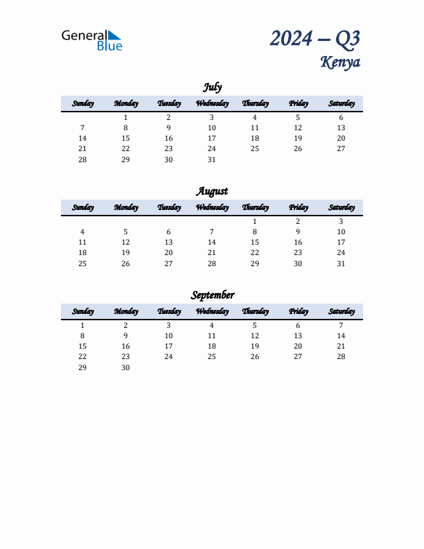 July, August, and September Calendar for Kenya with Sunday Start