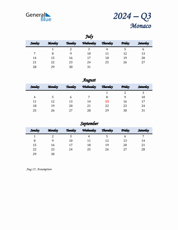 July, August, and September Calendar for Monaco with Sunday Start