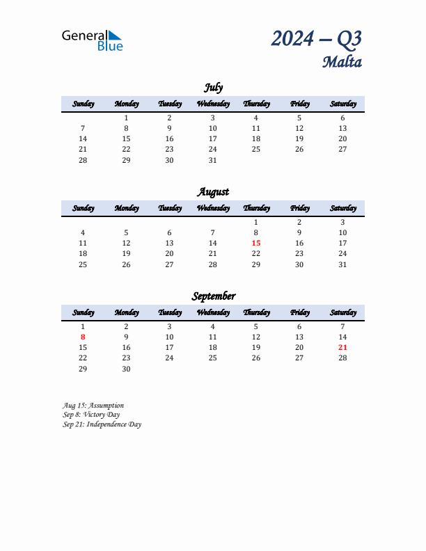 July, August, and September Calendar for Malta with Sunday Start