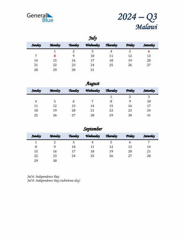 July, August, and September Calendar for Malawi with Sunday Start