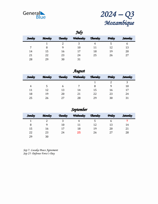 July, August, and September Calendar for Mozambique with Sunday Start