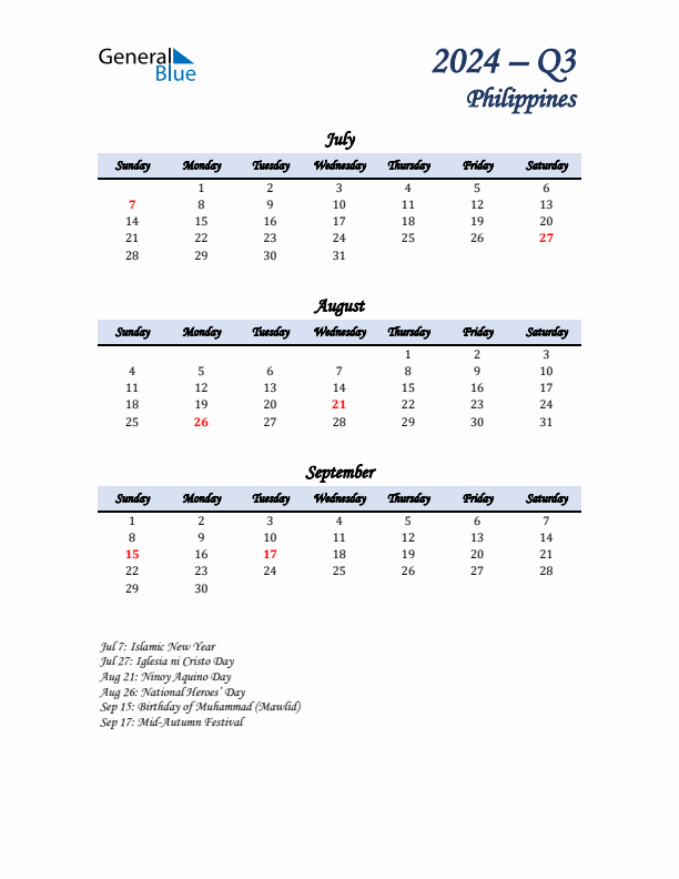 July, August, and September Calendar for Philippines with Sunday Start