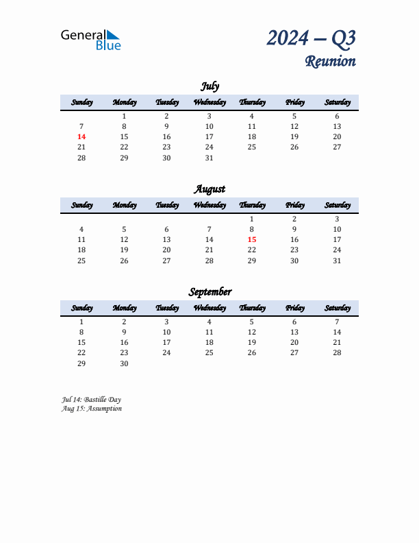 July, August, and September Calendar for Reunion with Sunday Start