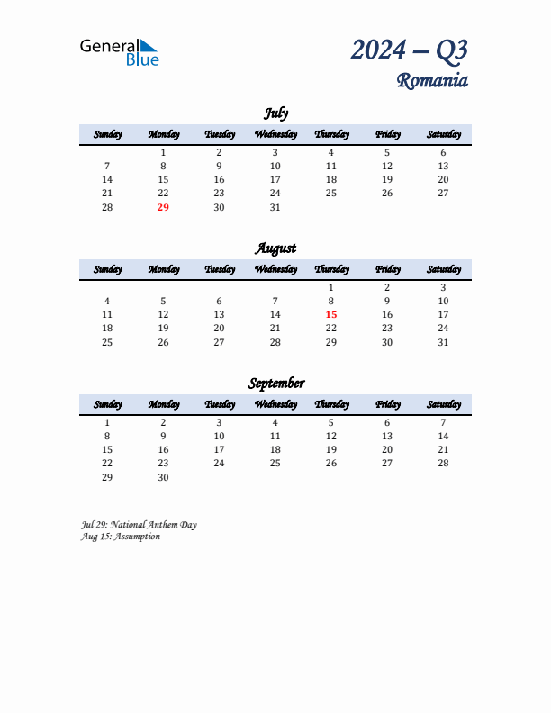 July, August, and September Calendar for Romania with Sunday Start