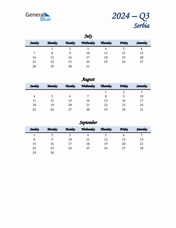 July, August, and September Calendar for Serbia with Sunday Start