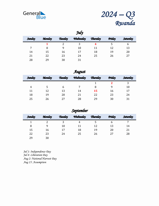 July, August, and September Calendar for Rwanda with Sunday Start