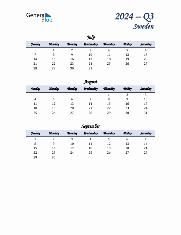 July, August, and September Calendar for Sweden with Sunday Start