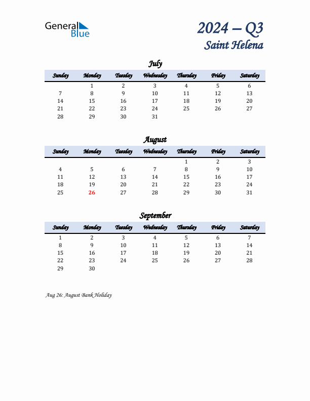 July, August, and September Calendar for Saint Helena with Sunday Start