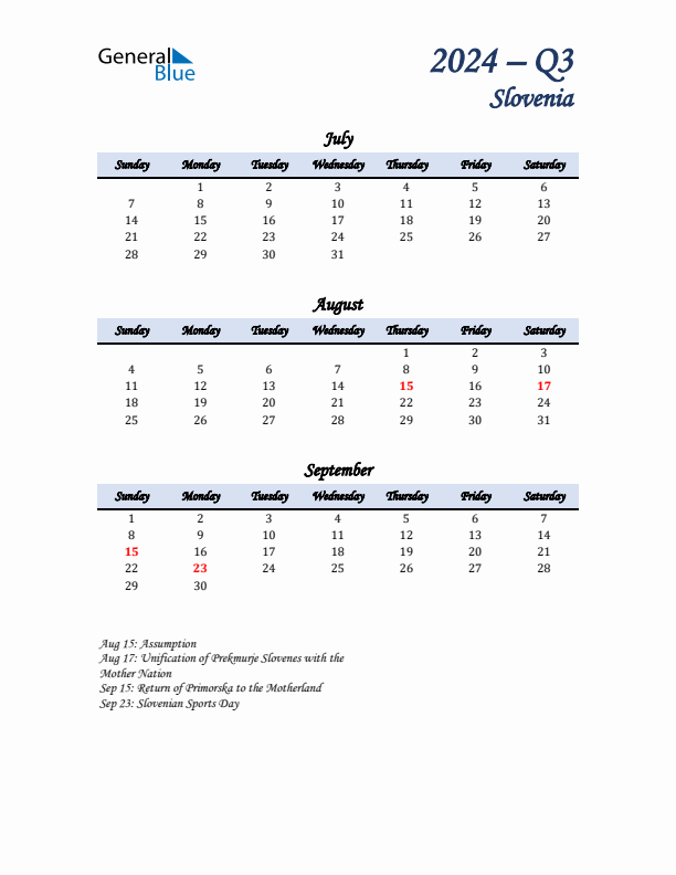 July, August, and September Calendar for Slovenia with Sunday Start