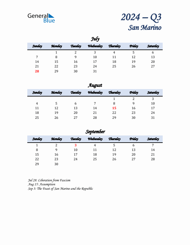 July, August, and September Calendar for San Marino with Sunday Start