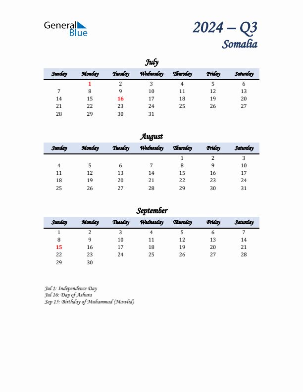 July, August, and September Calendar for Somalia with Sunday Start