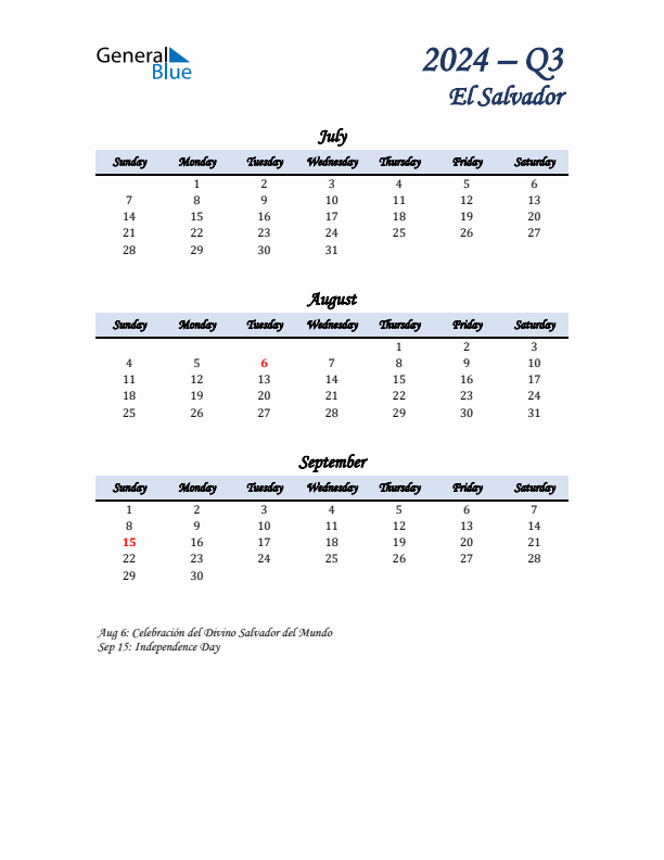 July, August, and September Calendar for El Salvador with Sunday Start