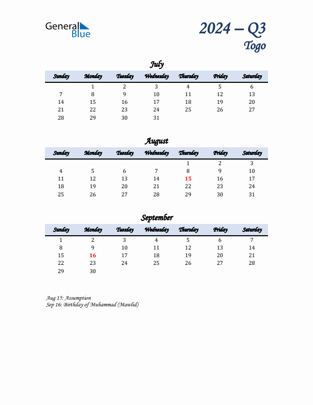 July, August, and September Calendar for Togo with Sunday Start